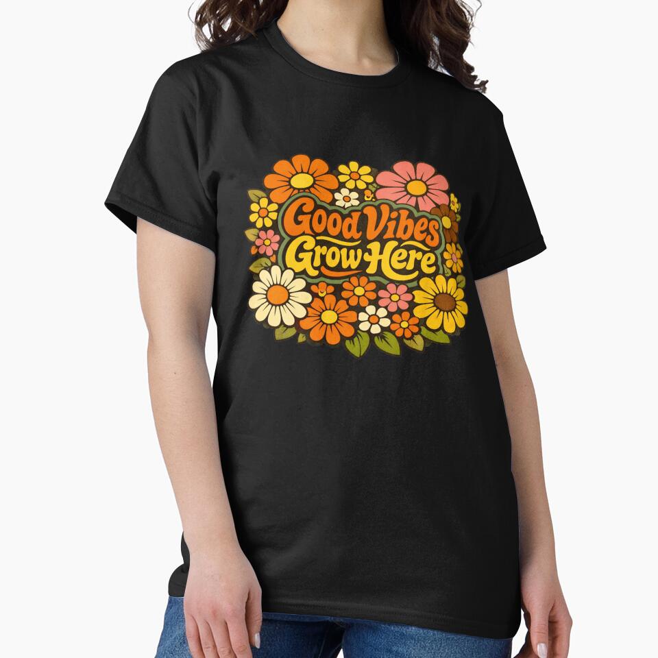 Retro “Good Vibes Grow Here” Floral Quote Art – Positive 70s Aesthetic Wall Decor by Bright Nest Studio