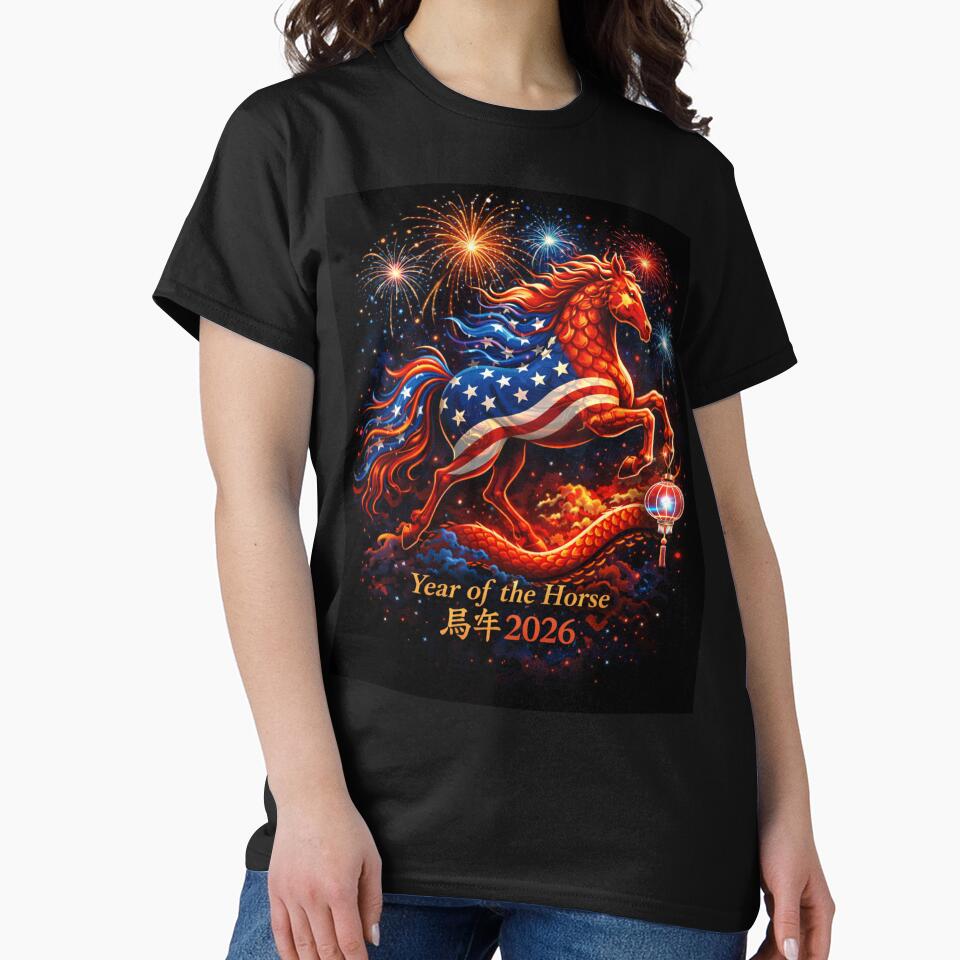 Patriotic Year of the Horse 2026 – USA Flag Fire Horse Chinese New Year Art by JaaCreativeShop