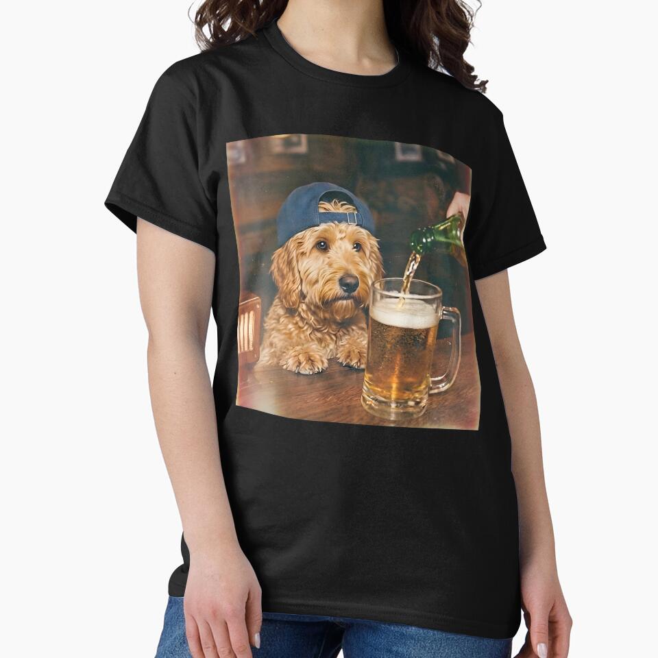 Dog drinking beer Bar Vintage Goldendoodle Men Women by MTRBSK11