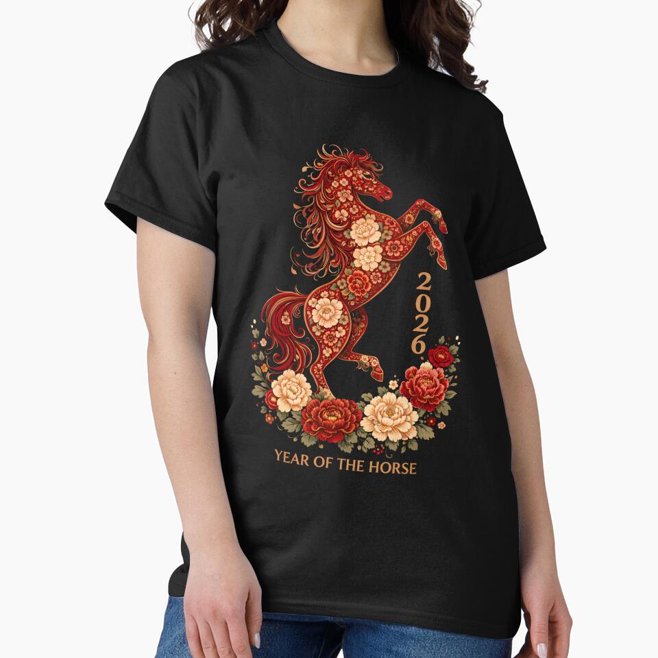 Year of the Horse 2026, Chinese New Year Zodiac Gift, Floral Horse Graphic Tee by saloui