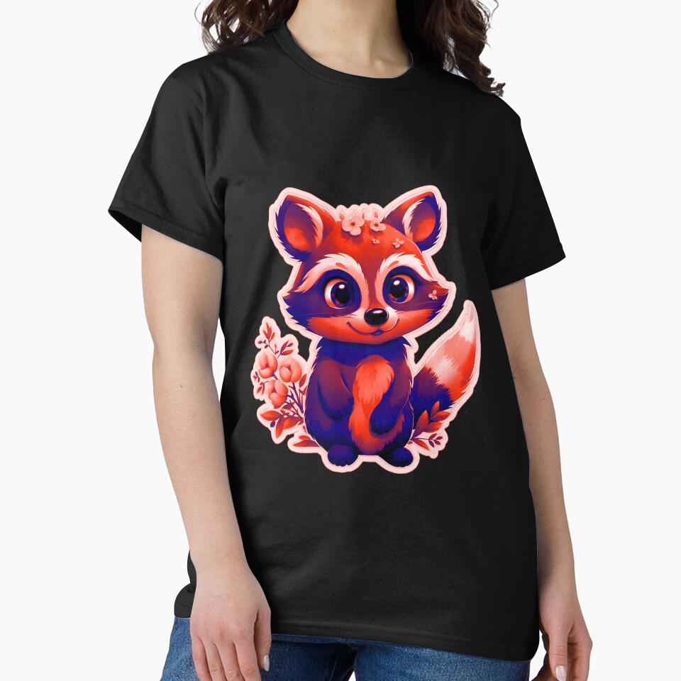 Red And Dark Blue Flower Raccoon Shirt and sticker design by Zeesdesign by ZEESDESIGN