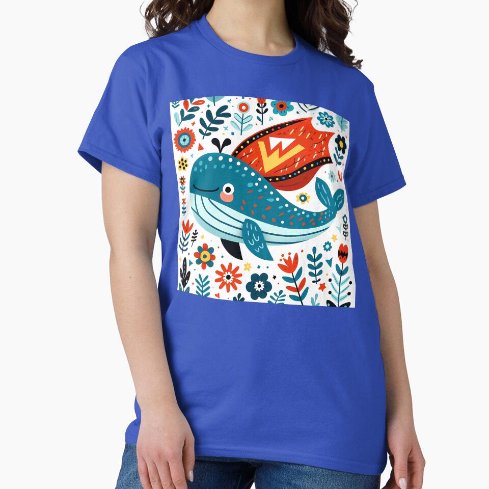 Cute Summer Blue Whale Superhero - Scandinavian Folk Art by heidiannemorris © by FOLK ART FUSION by heidiannemorris