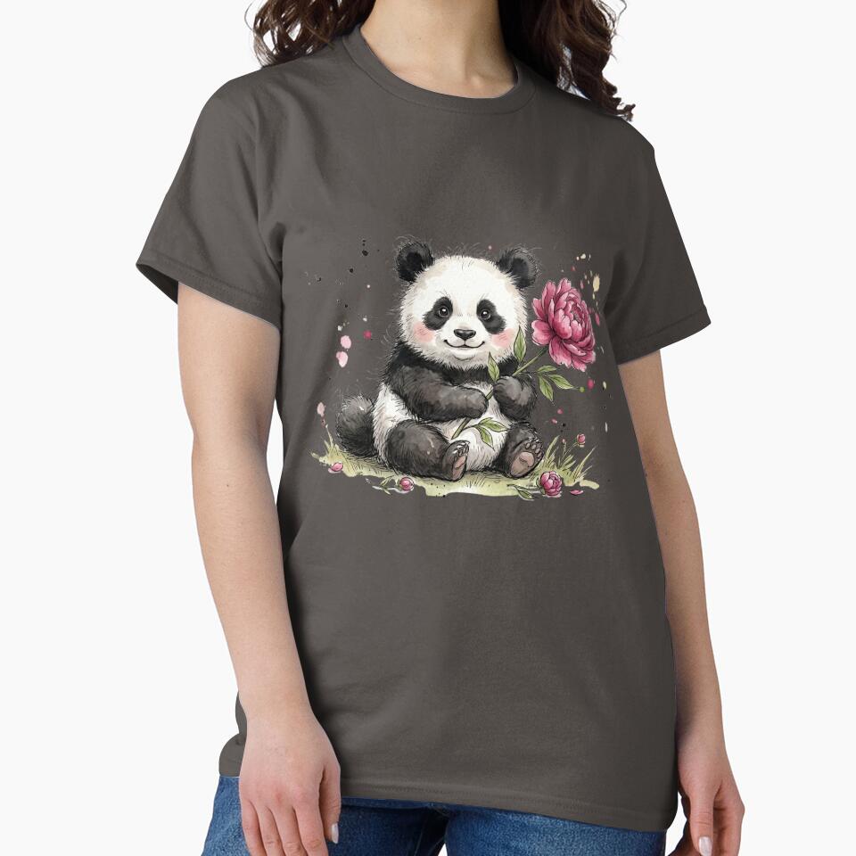Cute Watercolor Baby Panda with Pink Peony Flower by BreezifyDesignStudio