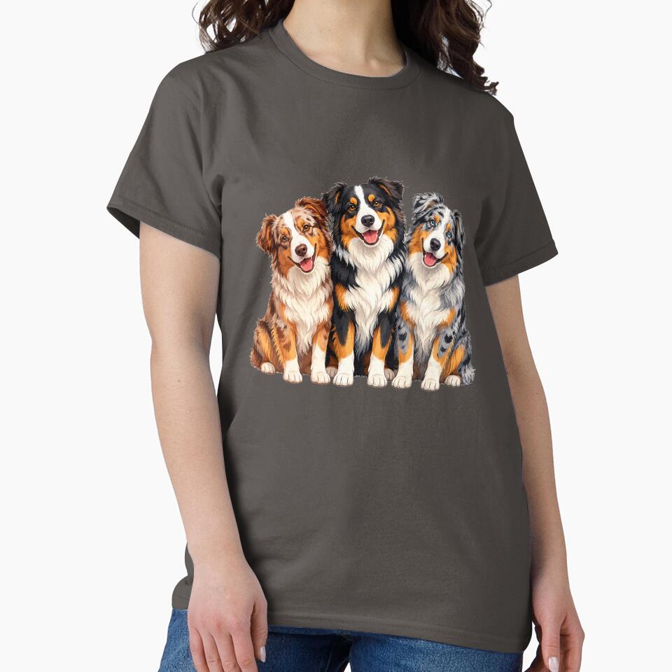 Three Happy Australian Shepherds | Colorful Aussie Dog Vector Illustration by Golden Era Studio
