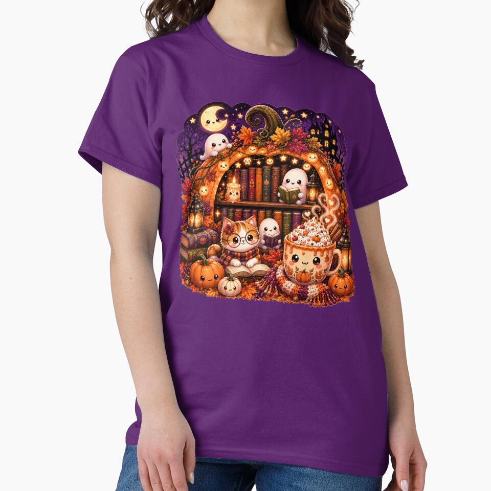 Cute Kawaii Halloween Ghost Library Shirt | Cozy Pumpkin Spice Coffee Book Cat Autumn Reading Aesthetic Design by ALH Apparel