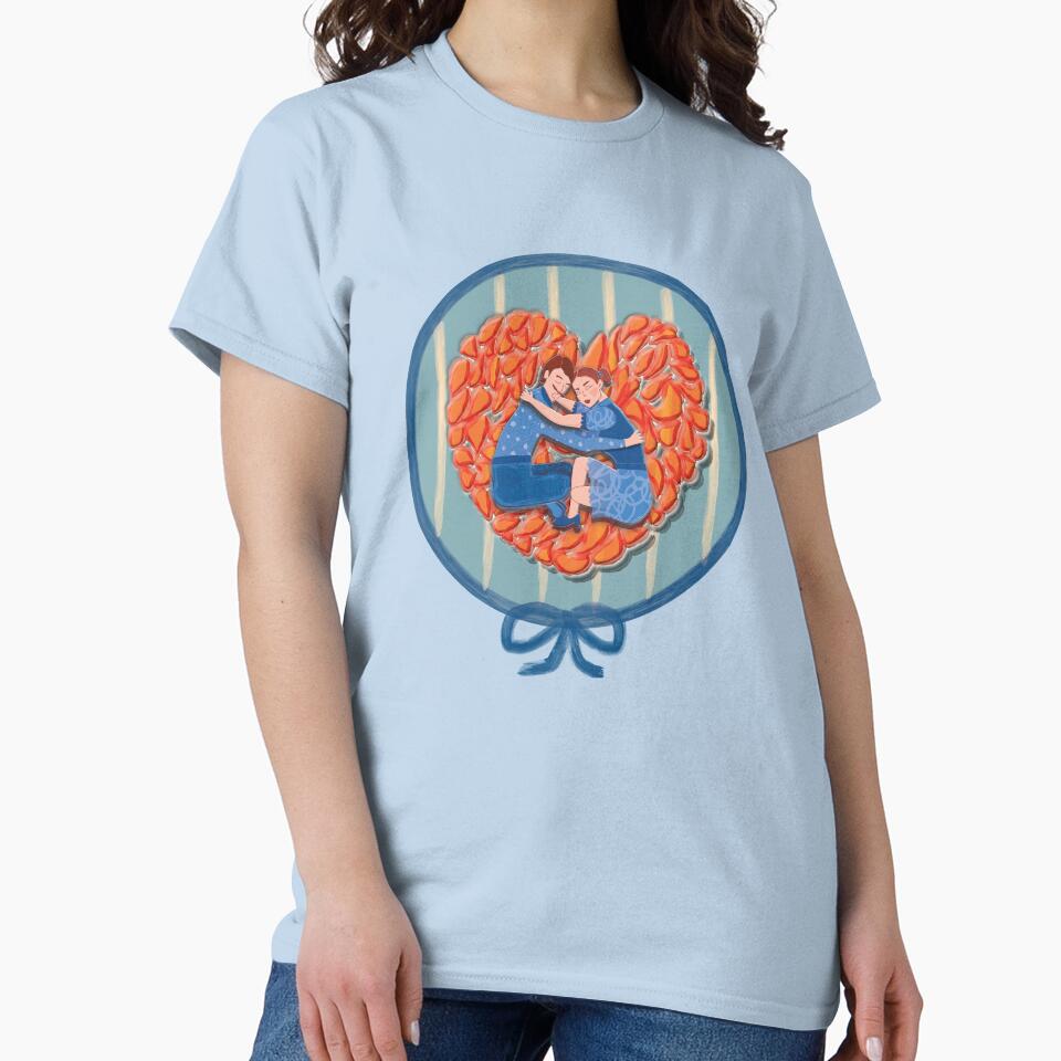 Mid-century pattern of a couple embracing on an orange rice cake, with blue watercolor details by WONDERPRINTVALLEY