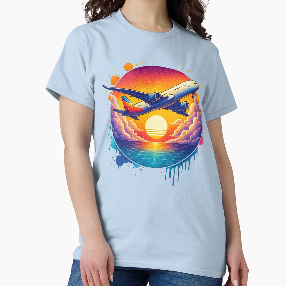 Retro Sunset Jetliner with Neon Clouds and Grid by ArtfulWeave