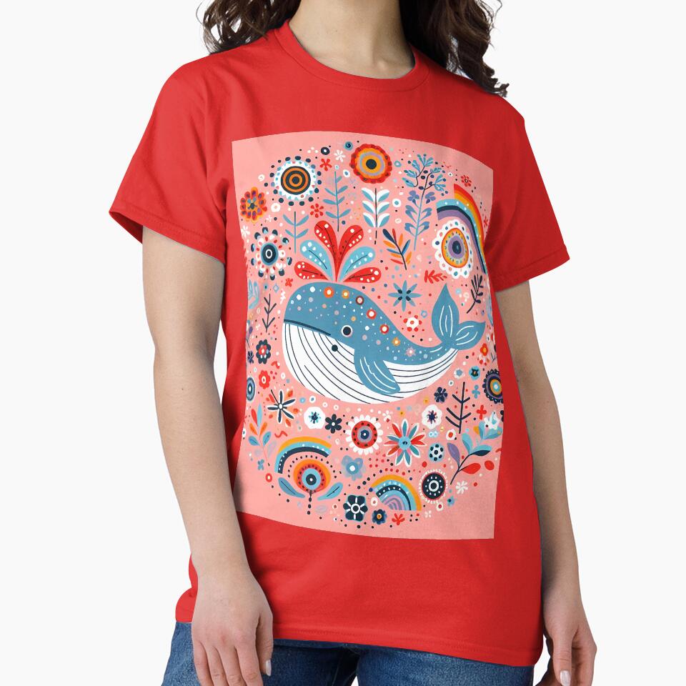Cute Blue Whale with Spout and Rainbow - Scandinavian Folk Art by heidiannemorris © by FOLK ART FUSION by heidiannemorris