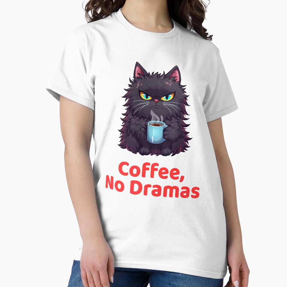 Grumpy Black Cat "Coffee, No Dramas"- Funny Morning Mood Illustration by INDEEDME