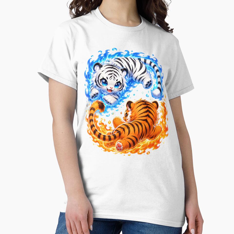 Kawaii Fire and Ice Tigers | Cute Elemental Tiger Yin Yang Fantasy Design by Extravanganzza