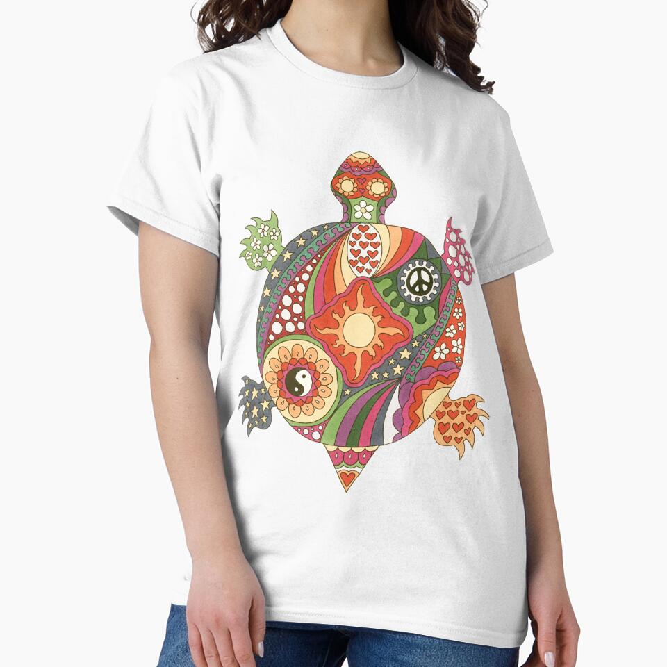 Vintage Psychedelic Turtle Art Olive– Retro Hippie Rainbow Groovy Peace Design by Kellie Espie Art