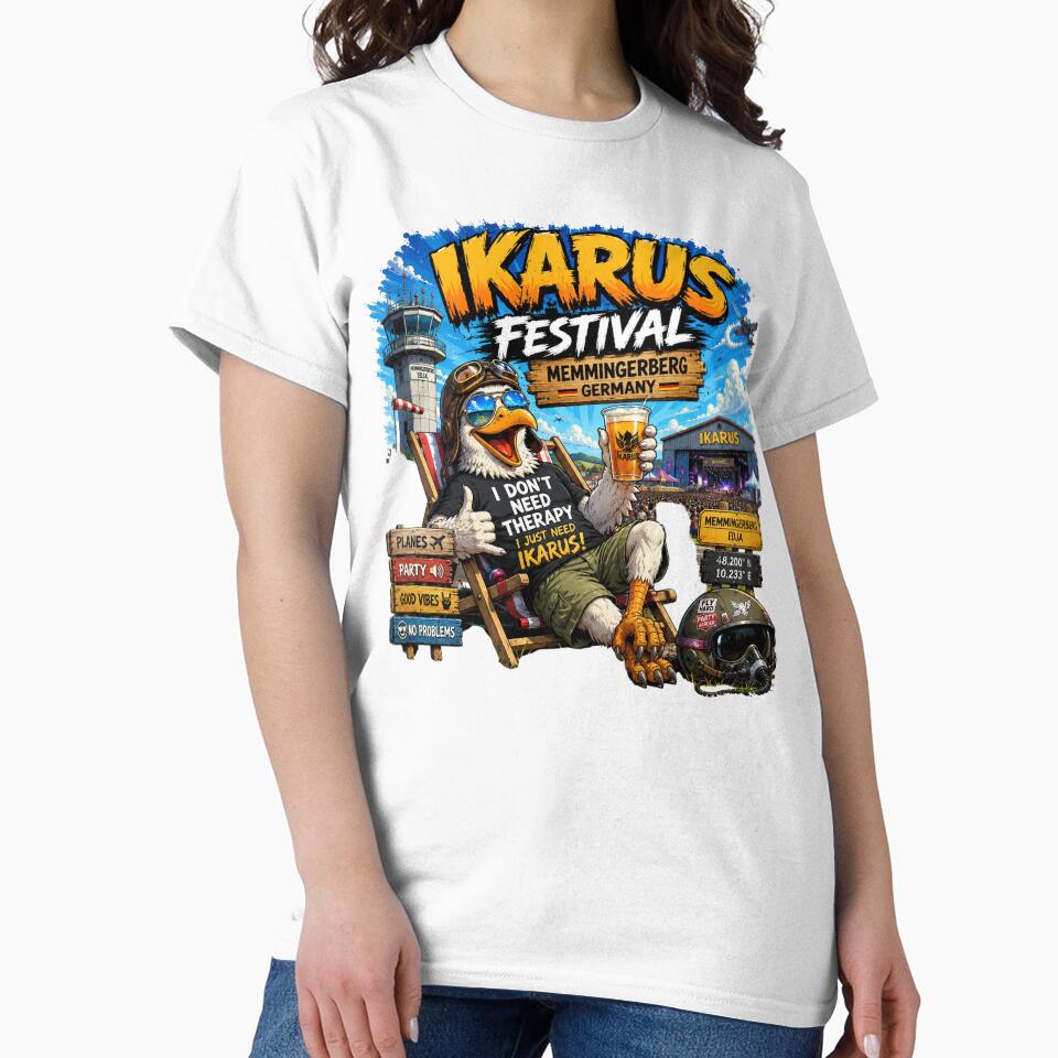 Ikarus Festival Memmingerberg Germany T-Shirt – Funny Pilot Eagle Party Graphic Tee | EDM Festival Travel Shirt by Sushikidsntod