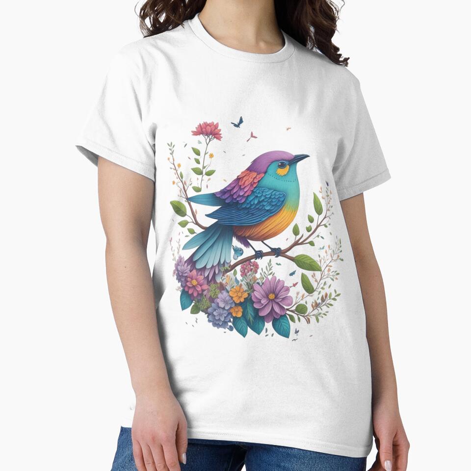 Colorful bird on a flowering branch – Magical watercolor illustration | Floral art, fantasy animal motif, wall decor, printable art by CoolContent Factory