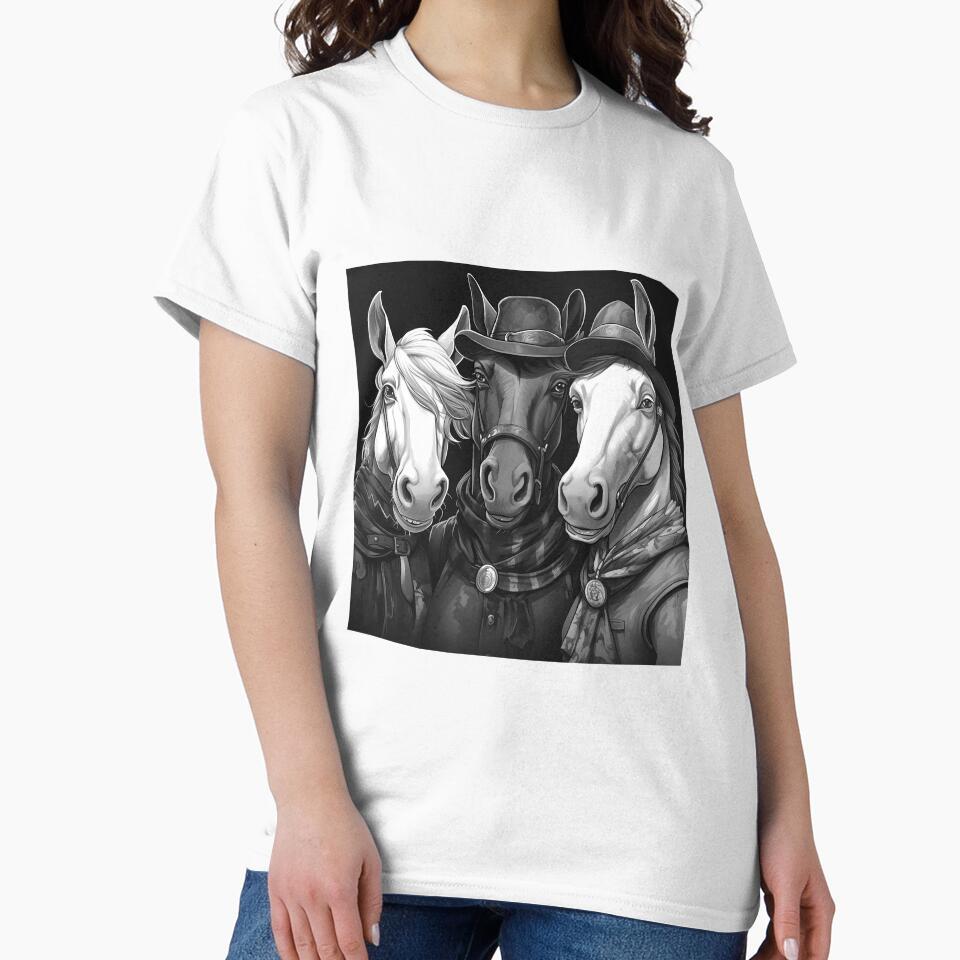 Western Horse Trio Black and White Cartoon Portrait by inkoutninja
