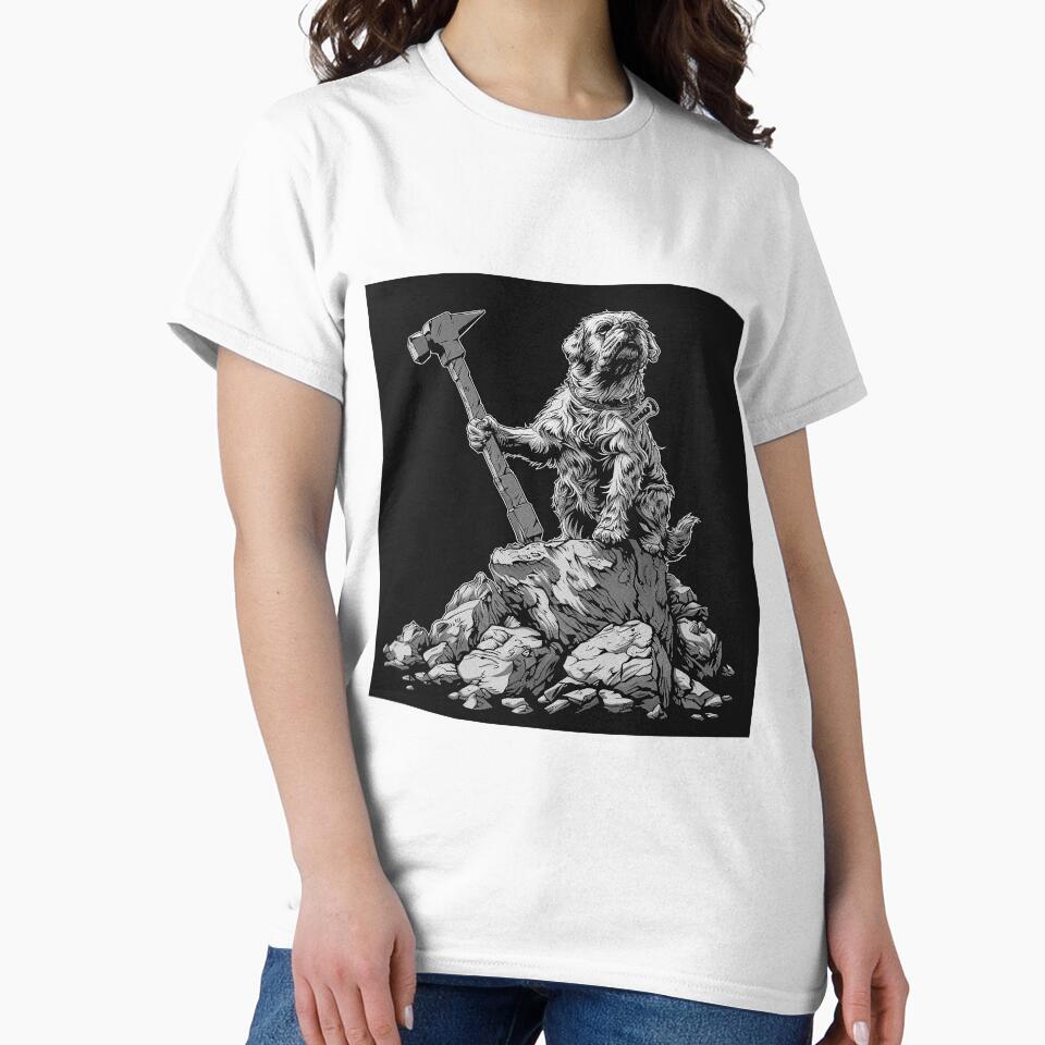 Brave Shaggy Dog with Hammer Black and White Fantasy Art by inkoutninja