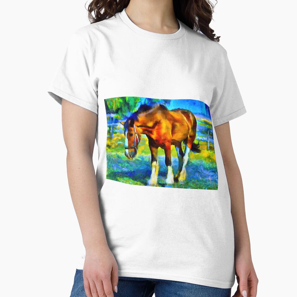 Brown shire horse outside, on a colorful blue and green background by NickoPrints
