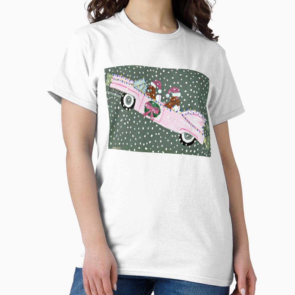 Dachshunds in pink convertible at Christmas by Squirreldumplings