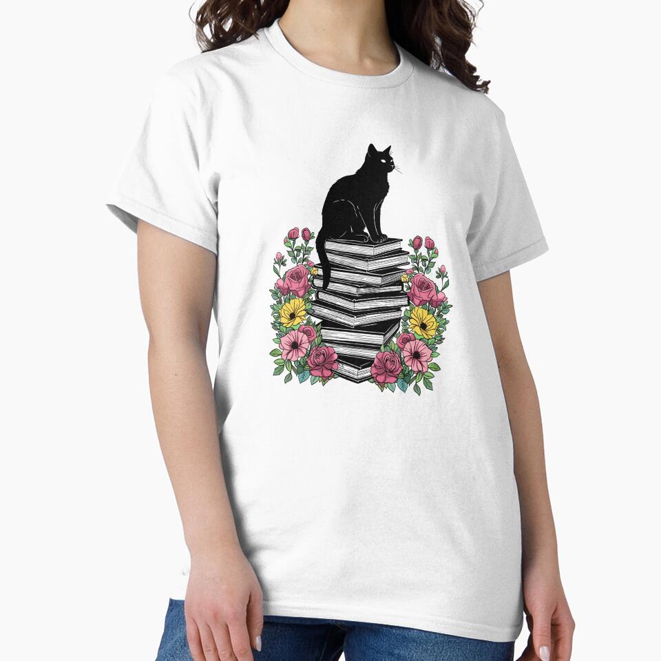 Bookish Black Cat on Books with Flowers – Cozy Reader Illustration by WildLakePatterns