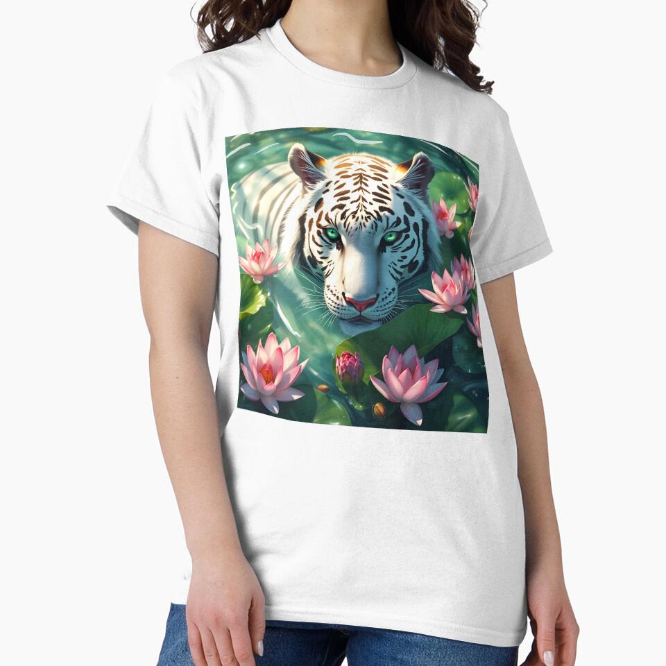 Beautiful white tiger having a bath in a green water calm lake among waterlilies digital animal portrait by EmeraldeaArt