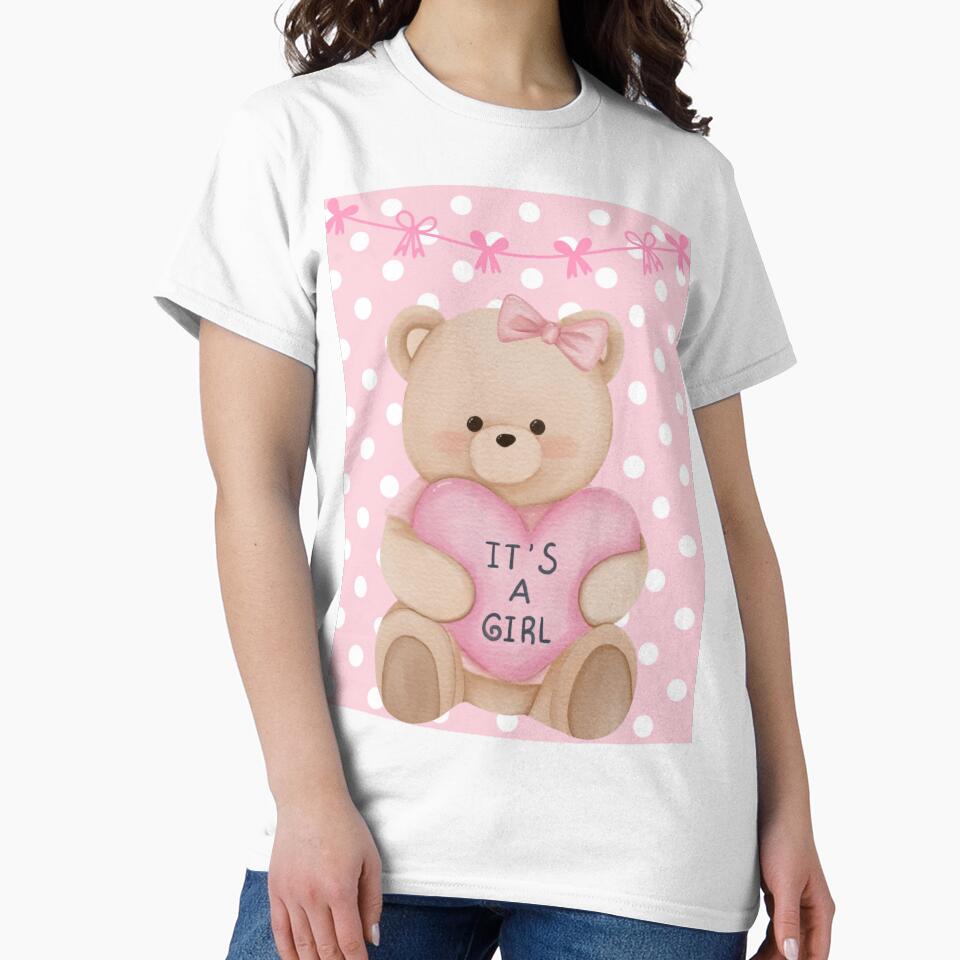 Cute Teddy Bear Holding Heart – It's a Girl Baby Announcement Design | Baby Shower & Newborn Gift by PureHopeStudio
