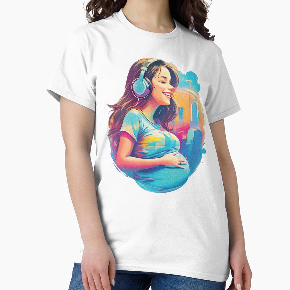 Cute Pregnant Girl Listening To Music Retro Inspired Soon To Be Mom Groovy Design by TriniTeeClub