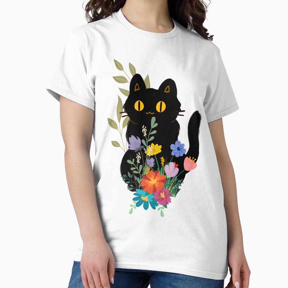 Black cat with flowers by Pattern King