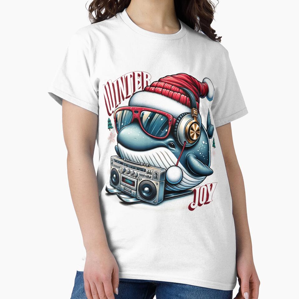 A whale in Santa's hat with a boombox on skis by ArtFeverShop