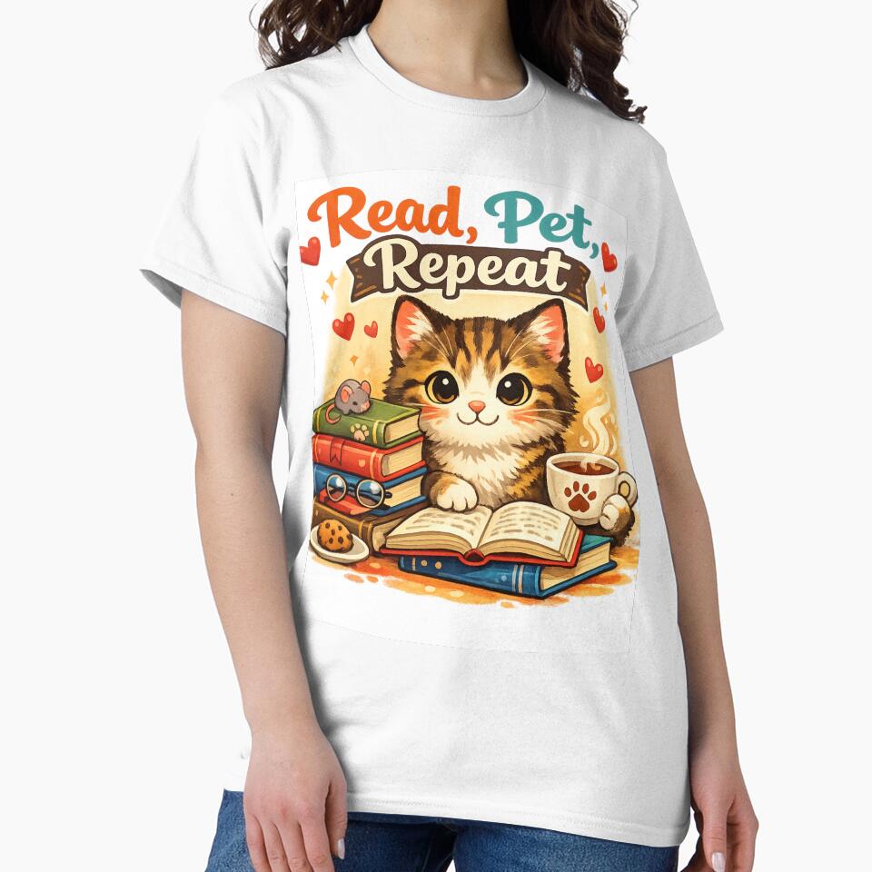 Read, Pet, Repeat Cat – Cute Book Lover Kitty with Tea & Books Illustration by VibeVauilt