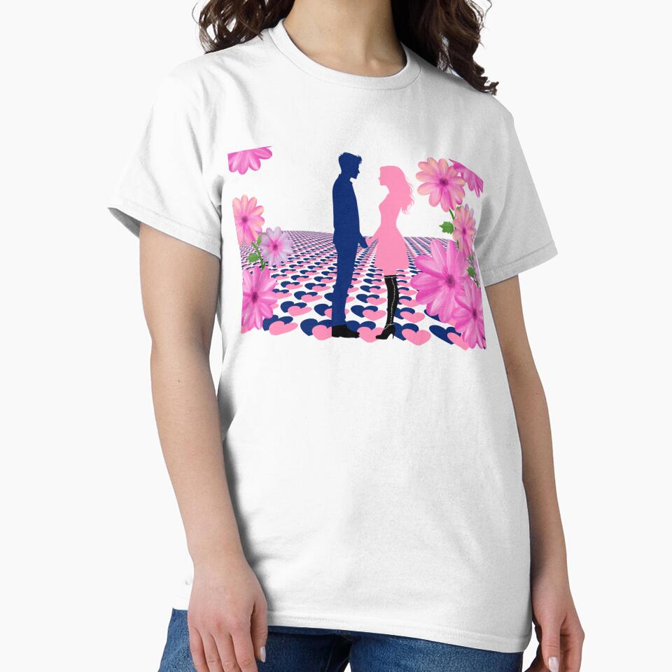 Romantic Couple Silhouette with Pink Flowers and Heart Floor by MigWhimsy
