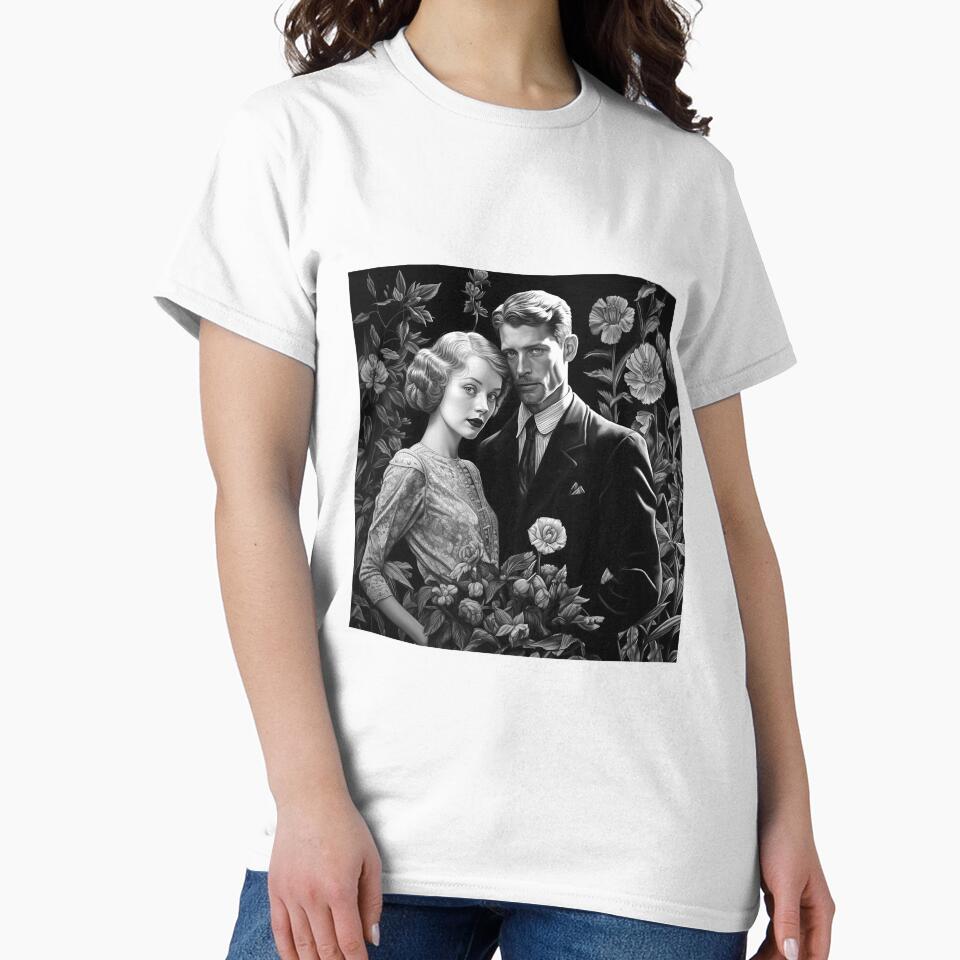 Vintage Gothic Couple Portrait with Floral Black and White Art by inkoutninja