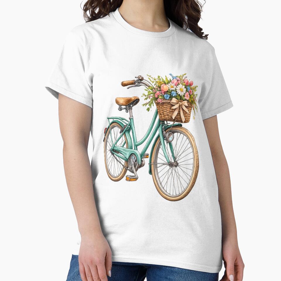 Spring Ride – Vintage Bicycle with Flower Basket | Detailed T-Shirt Design by CoolContent Factory