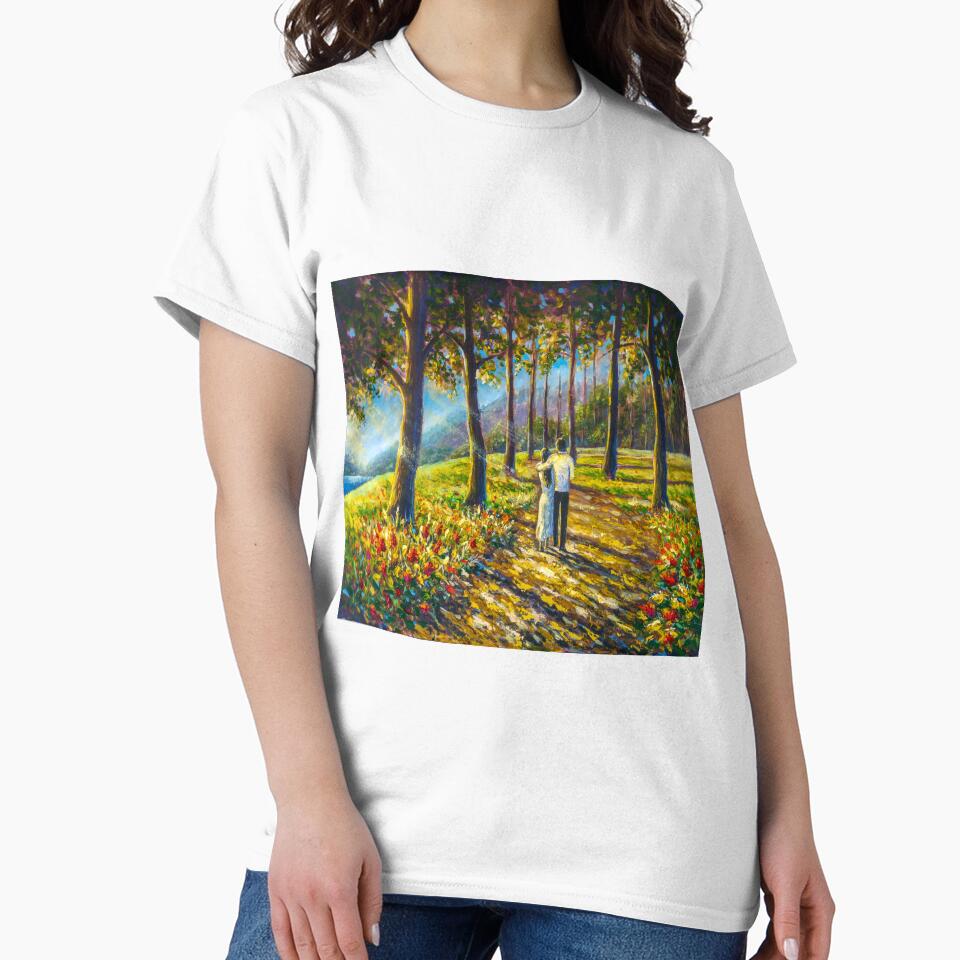 Romantic couple walking in sunny park forest painting. Painting by Valery Rybakou by rybakowvalery