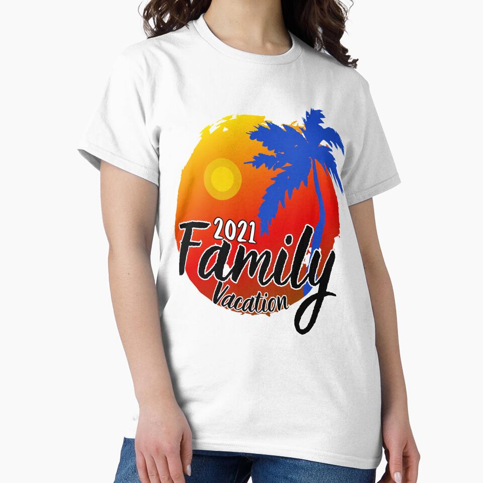 Family Vacation 2021 Red and Yellow Beach Sunset and Coconut Tree by MyPrintCharming