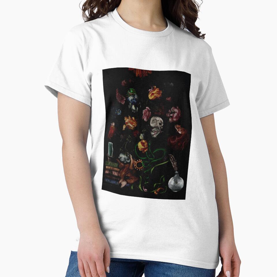 Goblincore Fine Art Gothic Still Life Watercolor Library Books, Frog, Skull, and snail with heirloom roses and Tulips: Halloween art by Monica Laipple