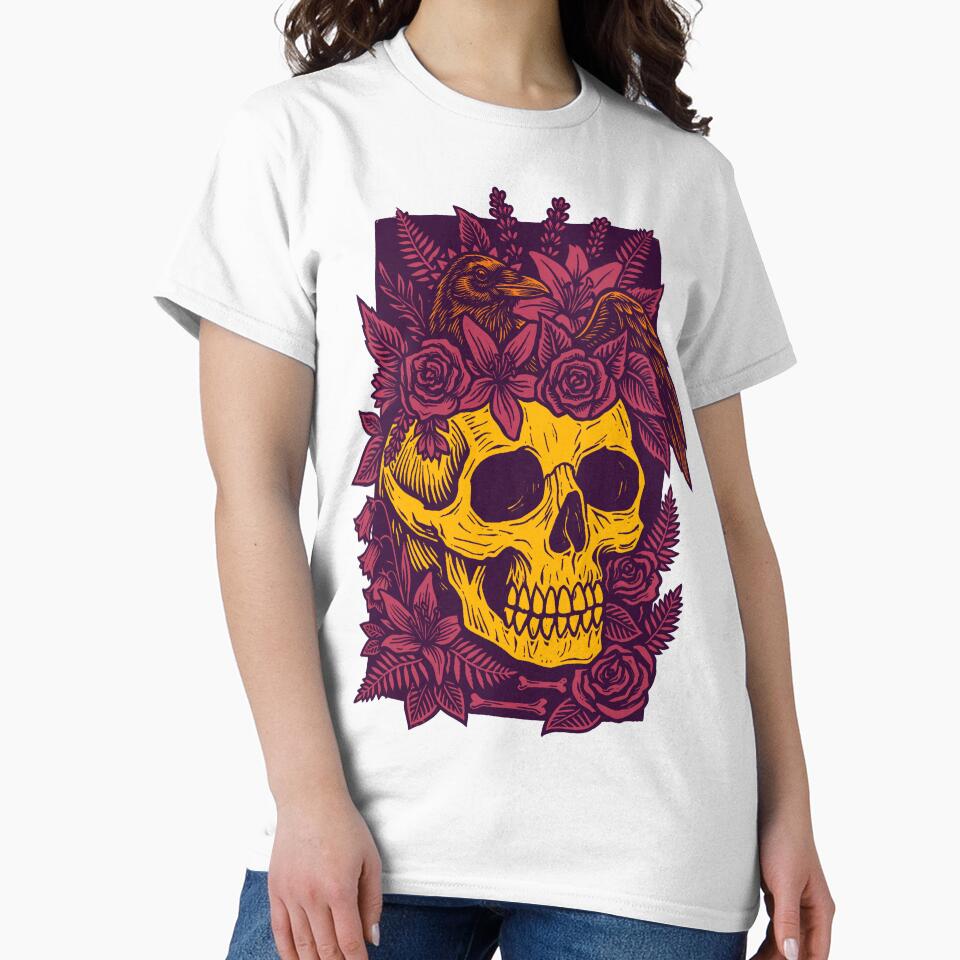 Gothic Floral Skull and Raven Linocut Art by Alan Javier Cordoba Espinosa