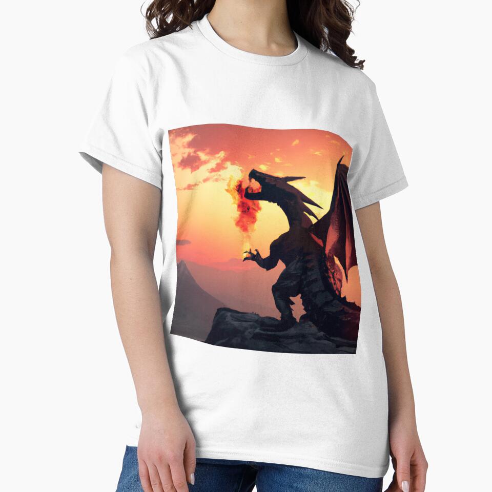 Dragon's inferno: A dragon in all its glory, letting out the fire breath surrounded by the beautiful mountain range and the orange hues of the setting sun by majnate
