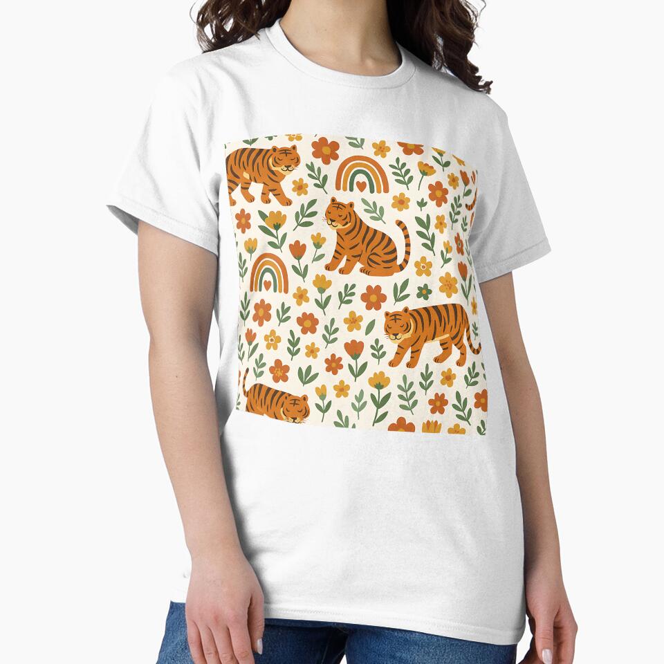 Tiger Love – Cute Tigers, Rainbows & Flowers | Folk Art Seamless Pattern by BloomOfDesign