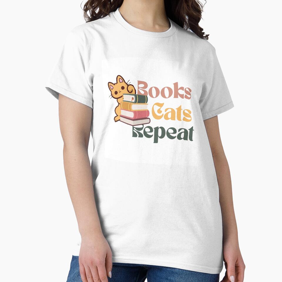 Books Cats Repeat – Cute Cat Reading Book Illustration by Sondosyazanart