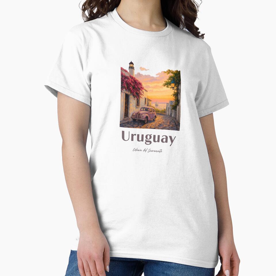 Vintage Uruguay Travel Poster – Colonia del Sacramento Sunset Street with Classic Car by CapyToon