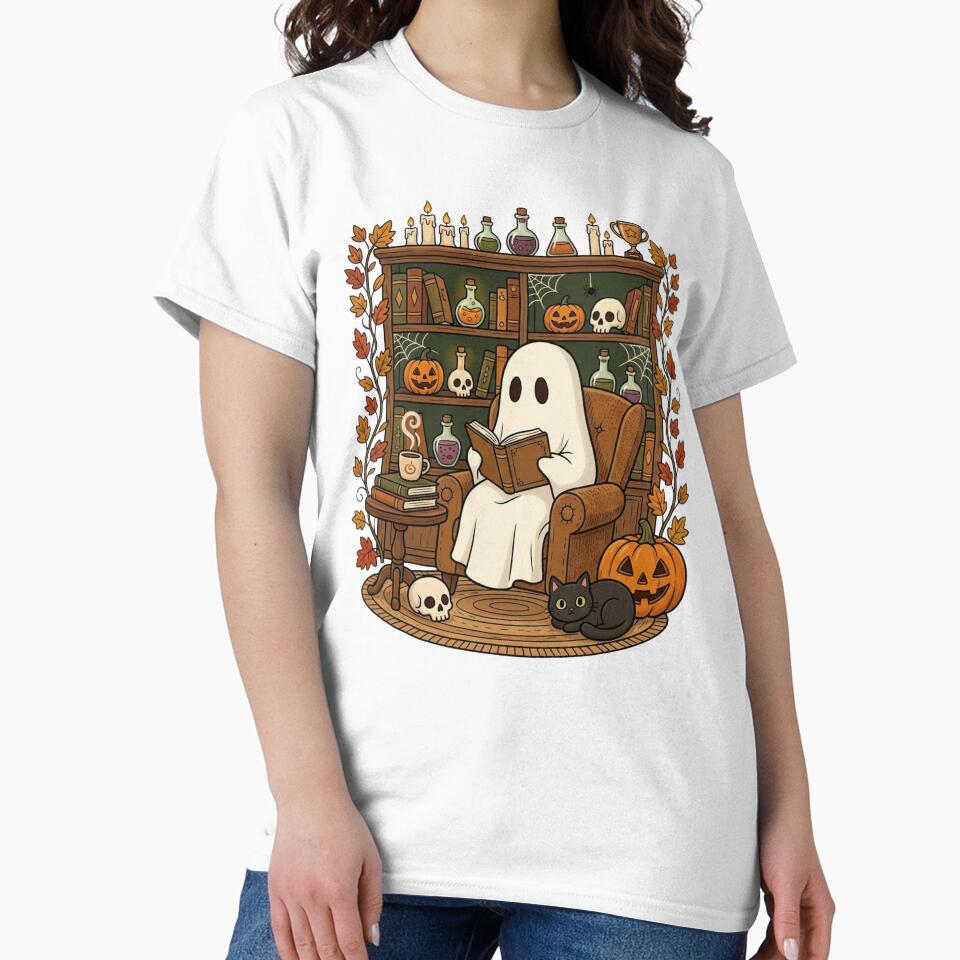 Cozy Ghost Reading Book In Haunted Library Halloween Aesthetic by raedattia