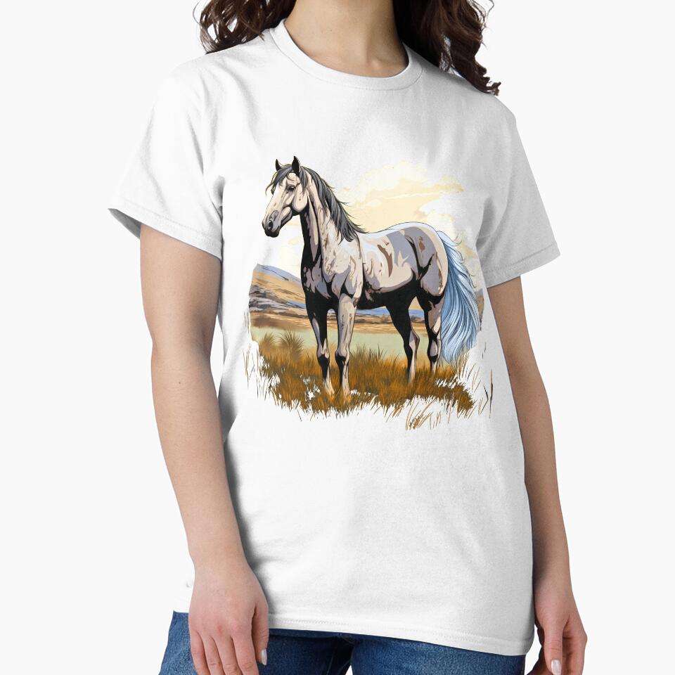Beautiful grey arabian horse grazing on a country meadow illustration by NBSStore