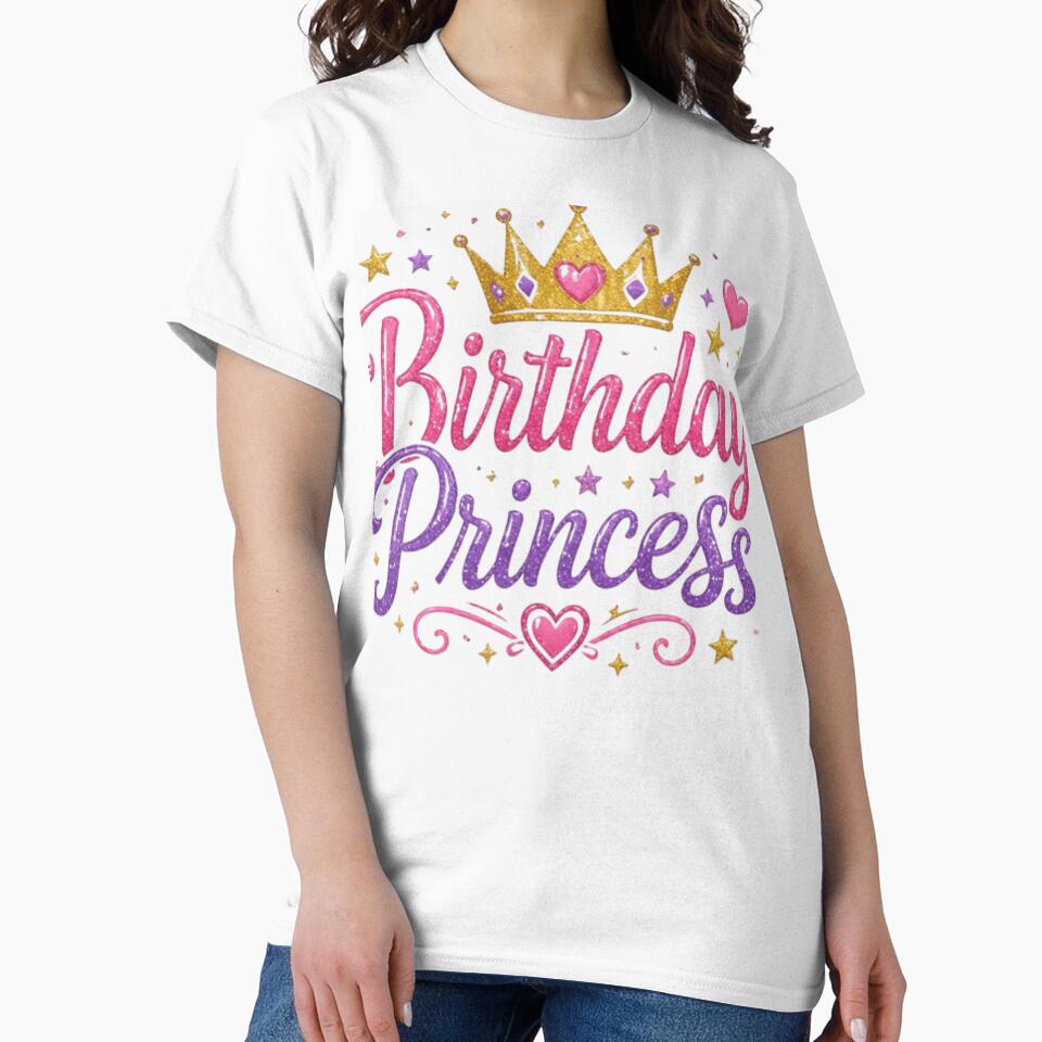 Birthday Princess Cute Crown Girls Birthday Party Shirt Pink Purple Glitter Design by Pochininki