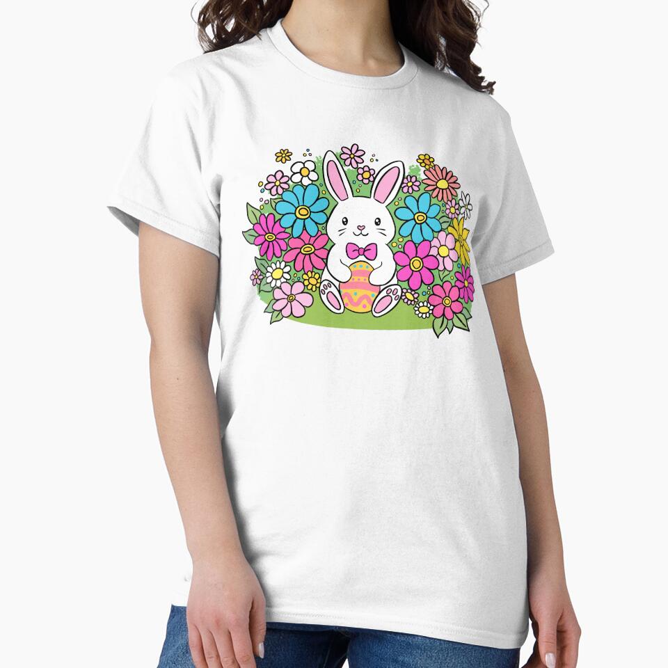 Happy Easter cute easter bunny holding an easter egg with spring flower by Yarafantasyart