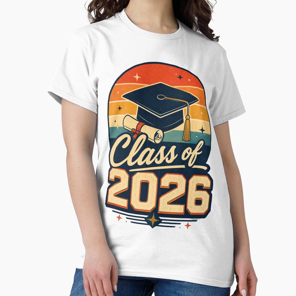 Class of 2026 Retro Graduation Sunset T-Shirt by VibrantVisionM