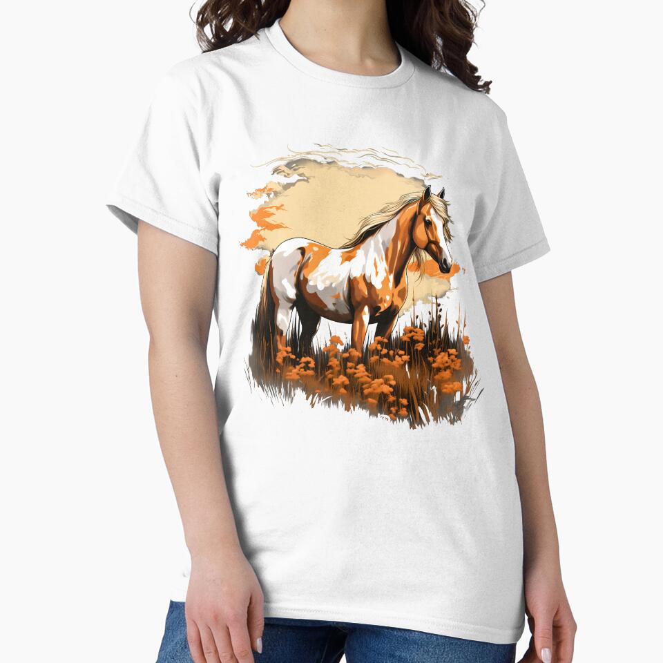 Beautiful brown and white arabian horse grazing on a country meadow illustration by NBSStore