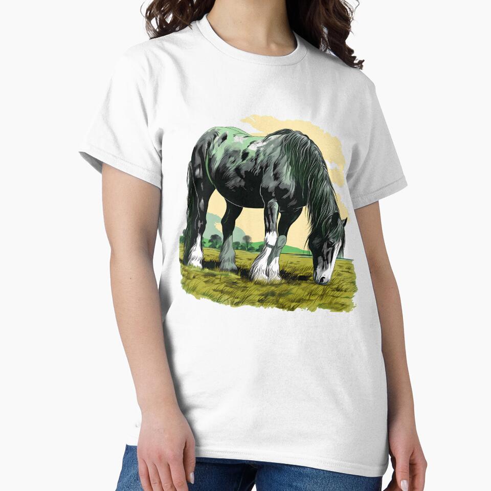 Beautiful black shire horse grazing on a country meadow illustration by NBSStore