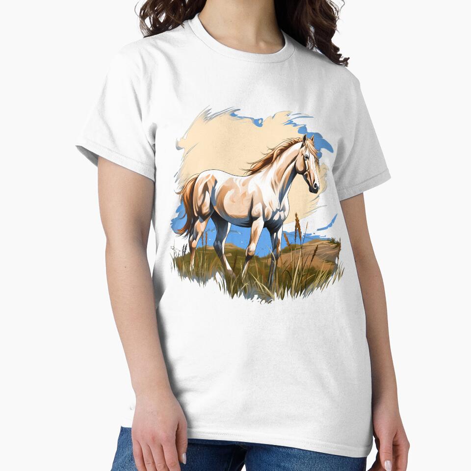 Beautiful white arabian horse grazing on a country meadow illustration by NBSStore