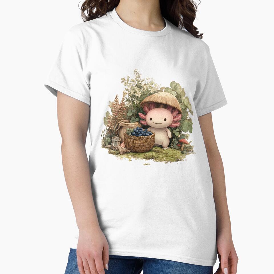 Whimsical Axolotl in Mushroom Hat – Cottagecore Blueberry Gathering Creature – Kawaii Nature Art by MadeByACJ