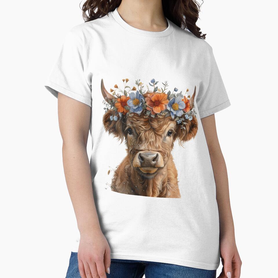 "Adorable Highland Baby Cow with Floral Crown: Charming Animal Art" by Bohospiritart