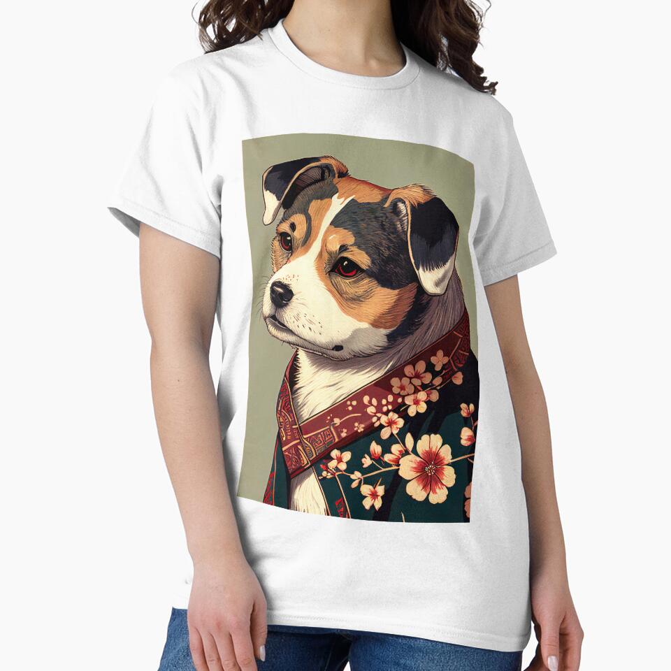 Brown and White dog with green robe - Japanese style by KoolArtDistrict